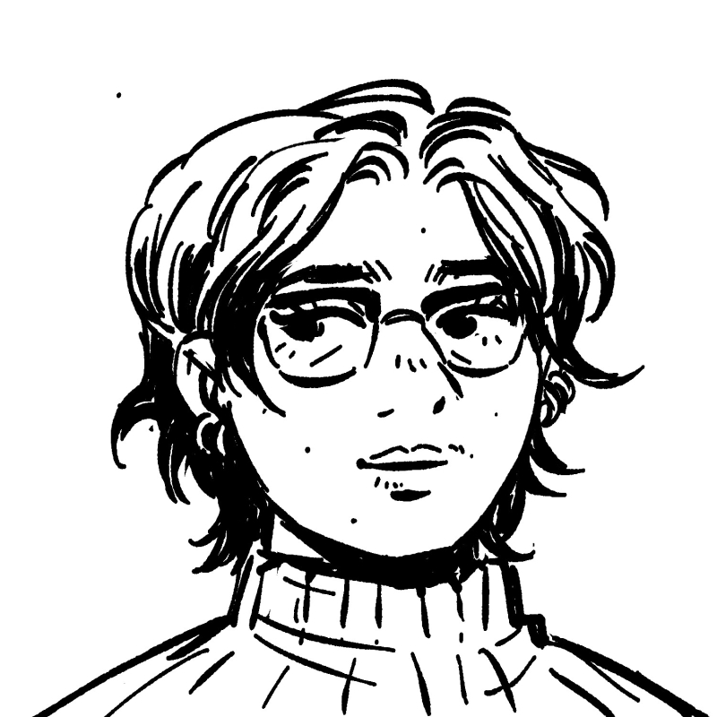Graphic illustration of person in glasses giving side glance.